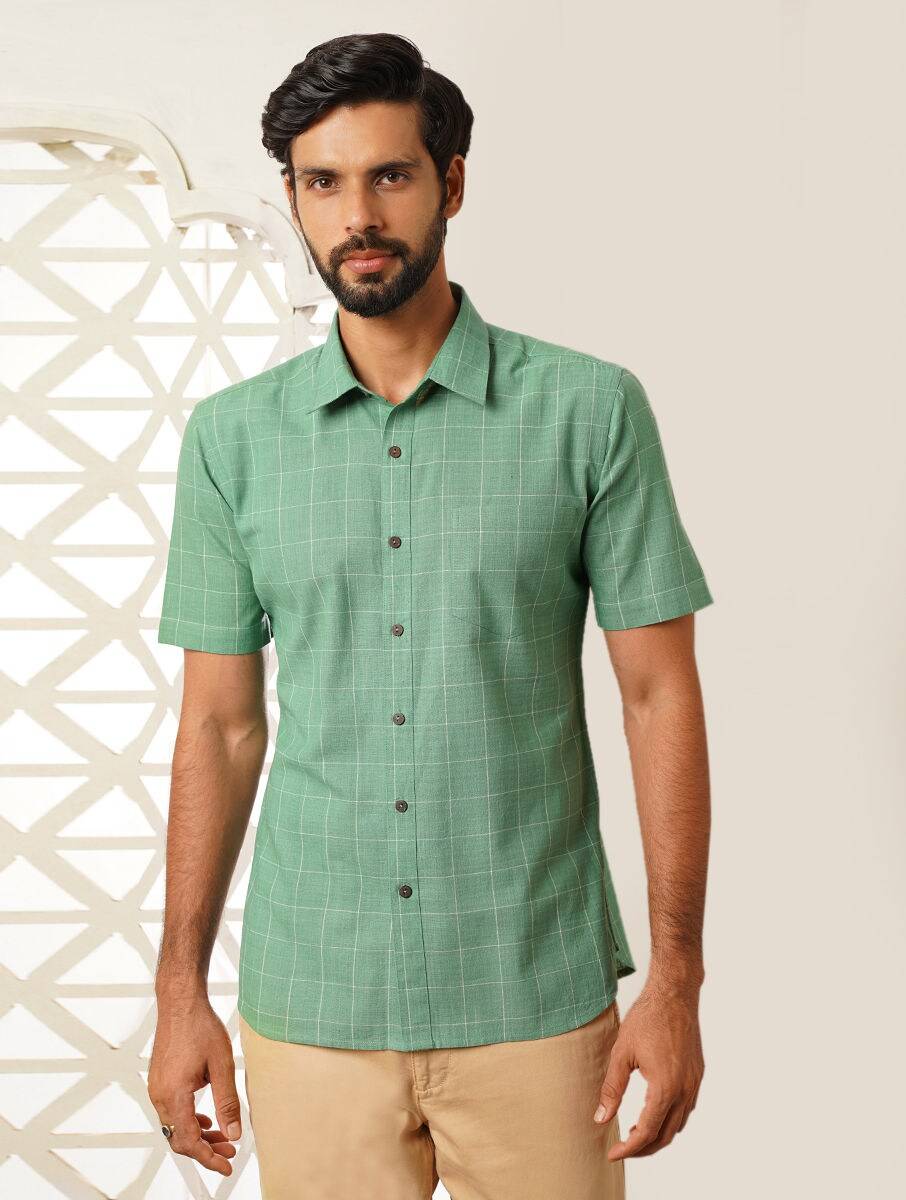 Men Green Cotton Checks Hand Woven Shirt Collar Regular Fit Shirts