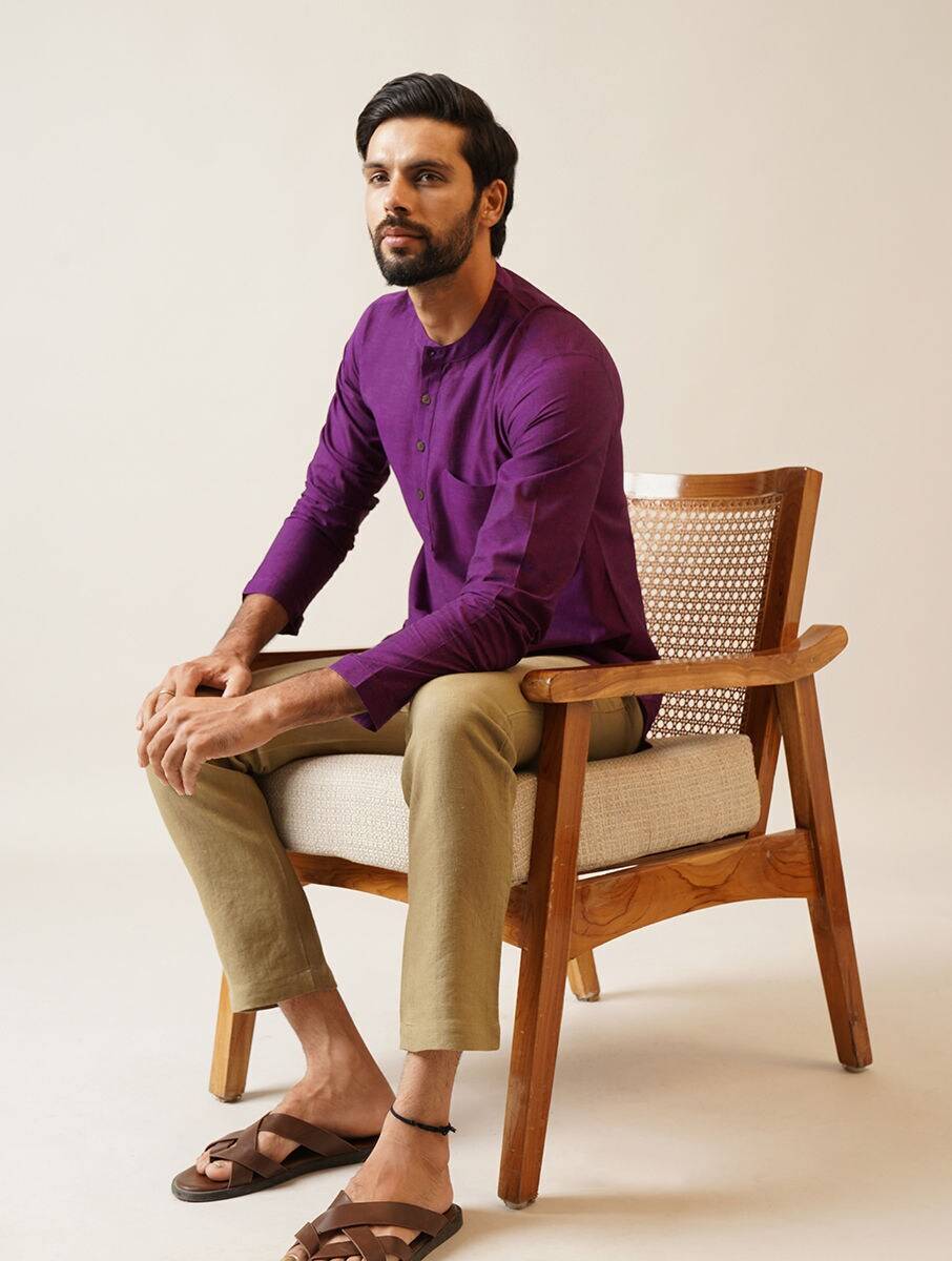 Men Wine Cotton Mandarin Collar Regular Fit Kurta