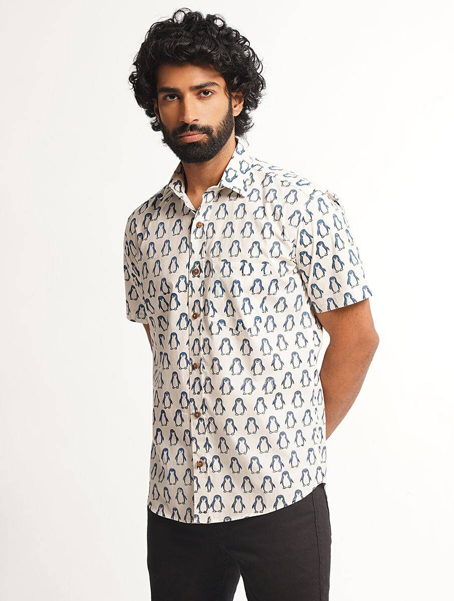 Men White Cotton Printed Block Print Regular Collar Regular Fit Shirts