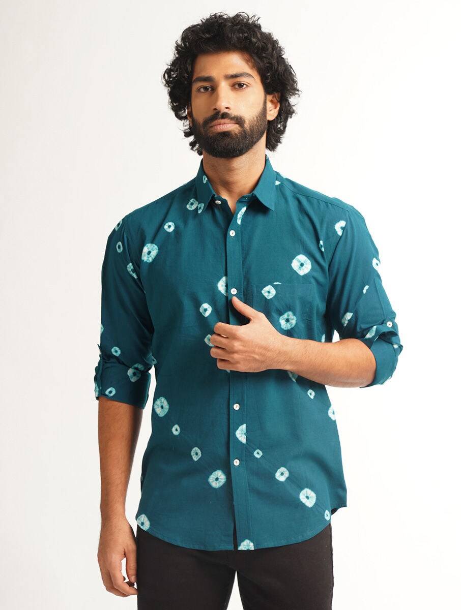 Men Blue Cotton Tie & Dye Block print Regular collar Regular Fit Shirts