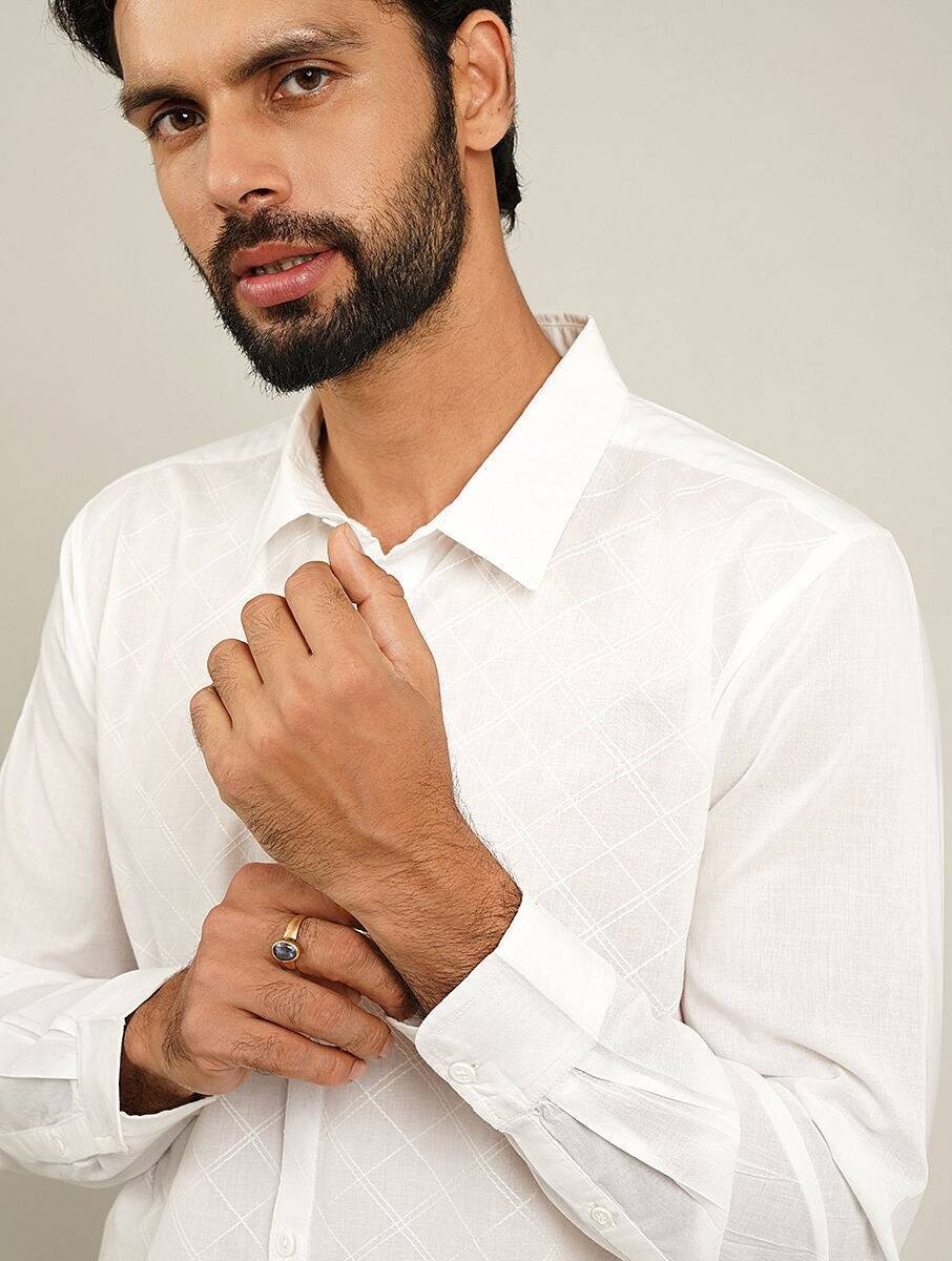 Men White Cotton Embroidered Shirt Collar Regular Fit Shirts