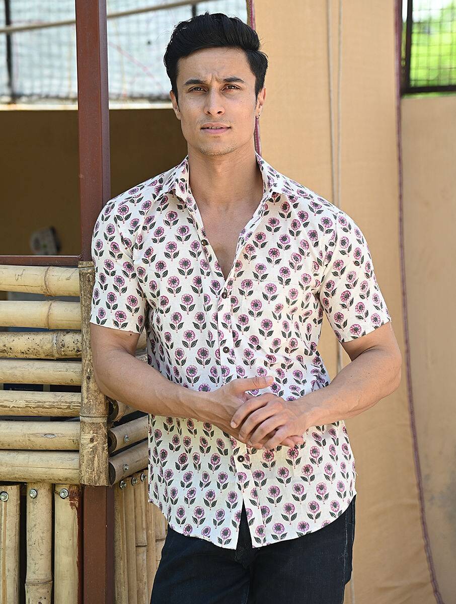 Men White Cotton Printed Blockprint Regular Collar Regular Fit Shirts