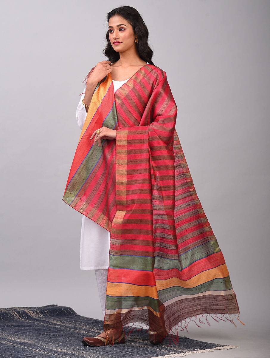 Women Red Silk Striped Hand Woven Dupatta