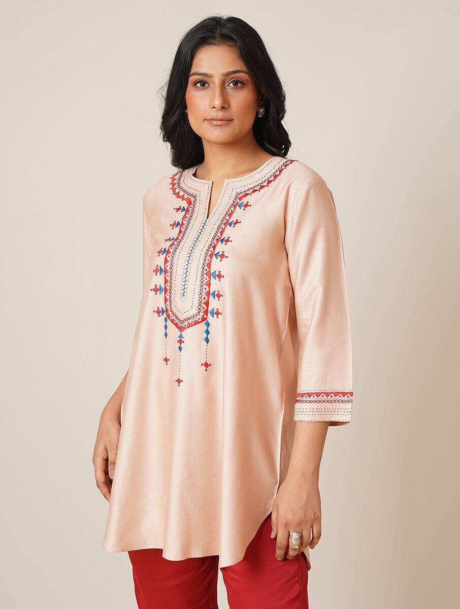 Women Red Viscose Embroidered Round Neck Regular Fit Tunics