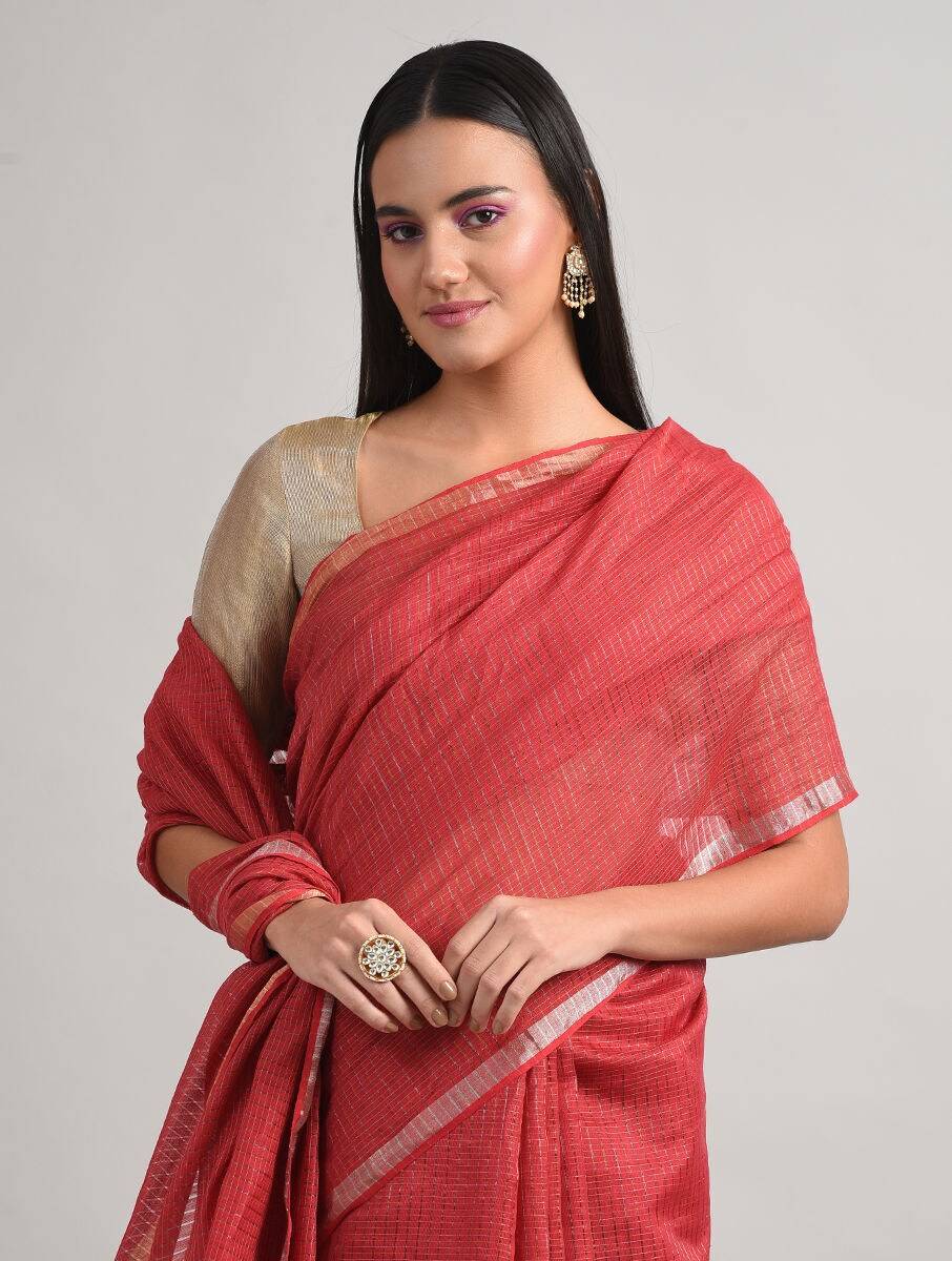 Red Silk Solid Hand Woven Saree