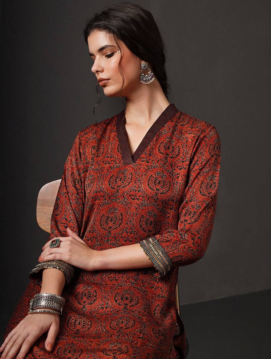 Women Red Modal Ajrakh V Neck Regular Fit Kurta