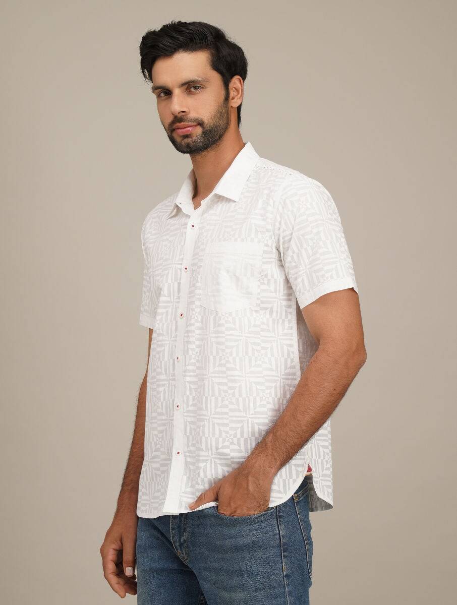 Men White Cotton Printed Block Print Shirt Collar Regular Fit Shirts