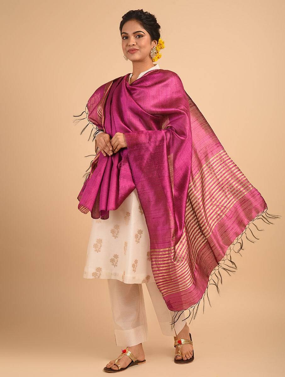 Women Red Silk Solid Hand Woven Dupatta