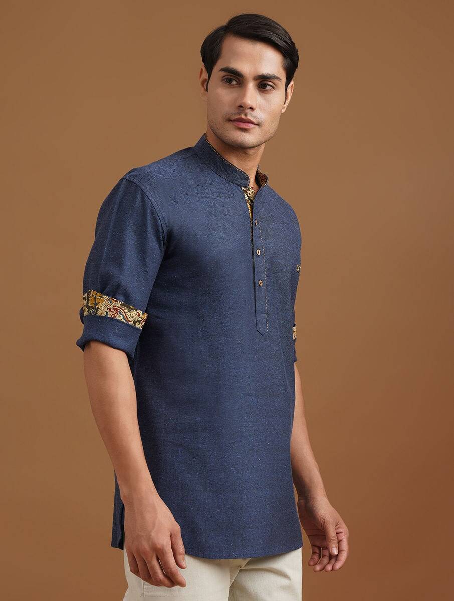 Men Blue Cotton Mandarin Collar Regular Fit Kurta