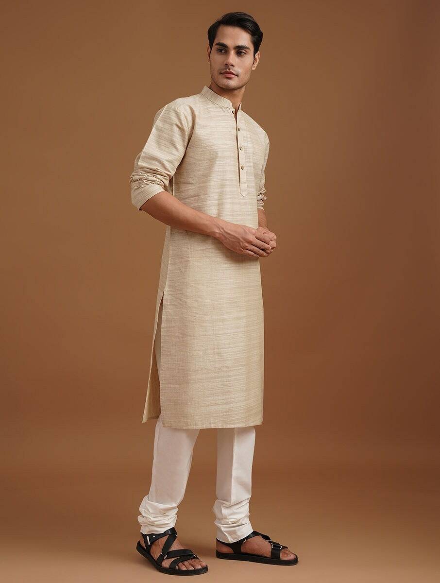 Men Beige Brown Cotton Silk Mandarin Collar Straight Kurta with Pants
