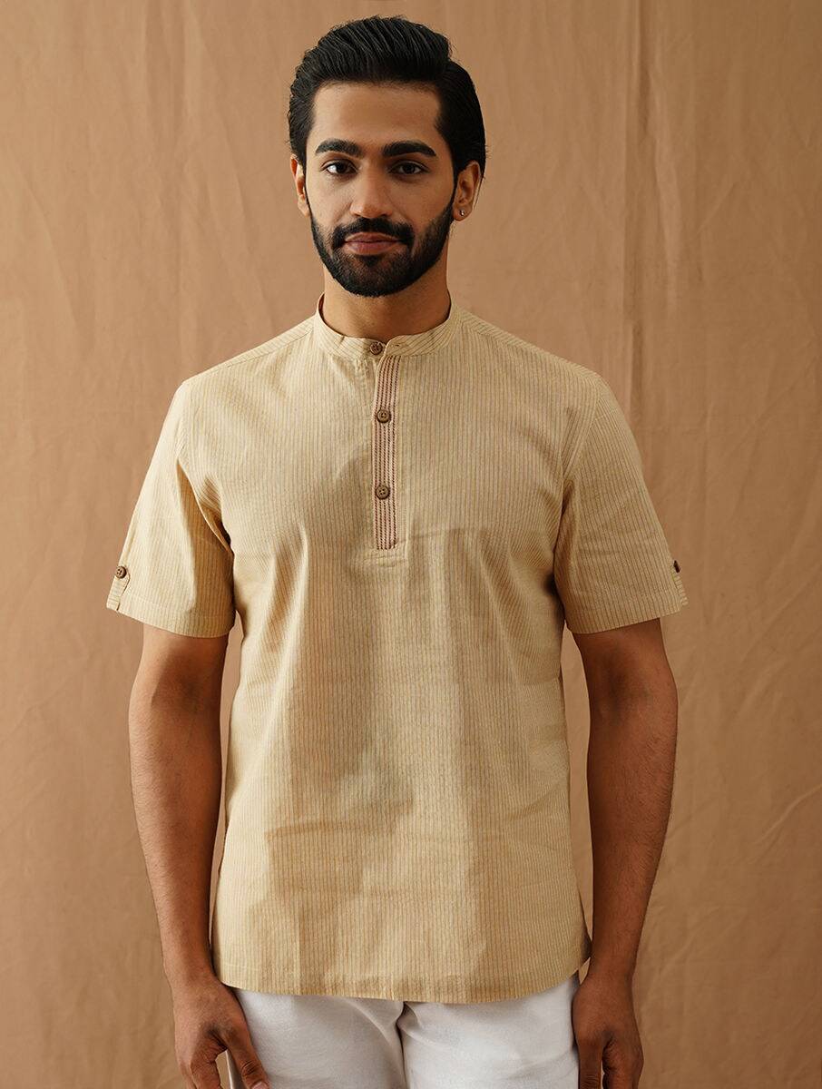 Men Beige Cotton Mandarin Collar Regular Fit Kurta