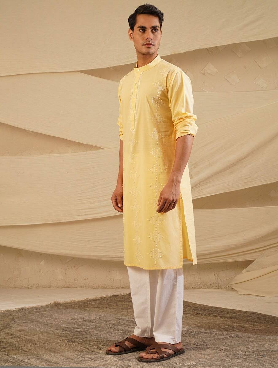 Men Yellow Cotton Chikankari Mandarin Collar Regular Fit Kurta