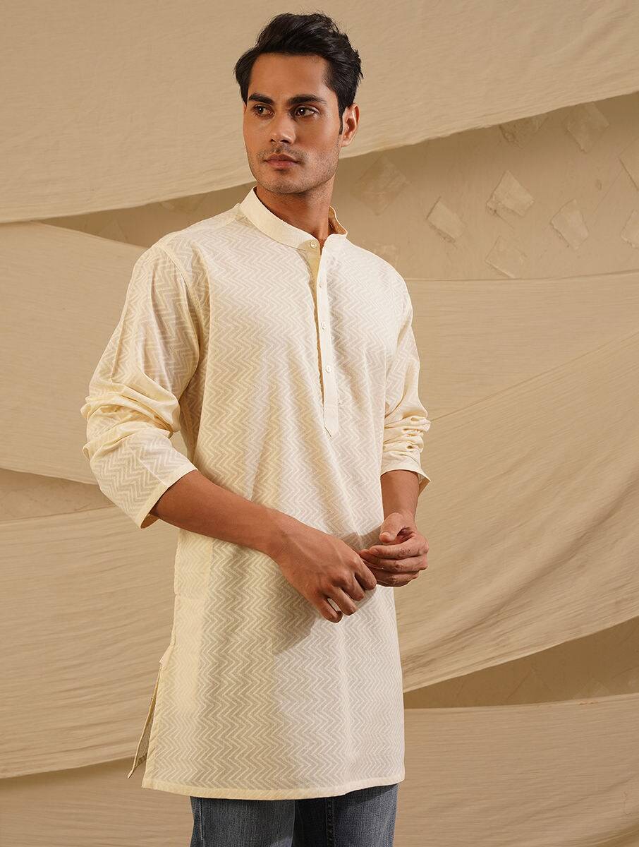Men Off White_Cream Cotton Mandarin Collar Regular Fit Kurta