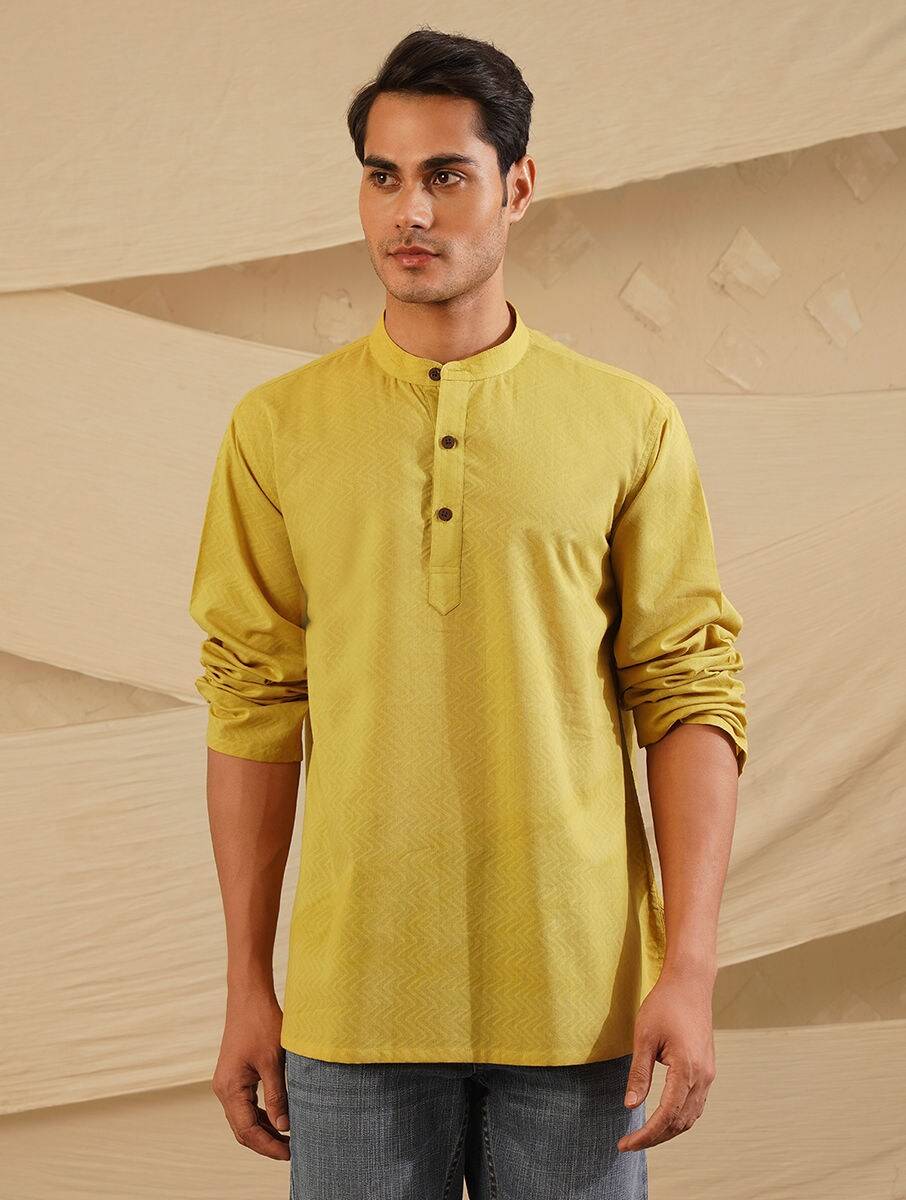 Men Yellow Cotton Mandarin Collar Regular Fit Kurta