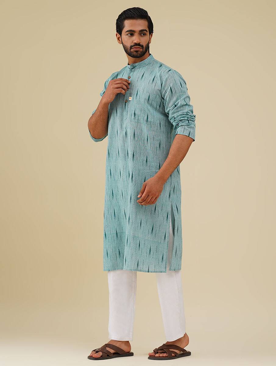 Men Teal Blue Cotton Ikat Mandarin Collar Regular Fit Kurta