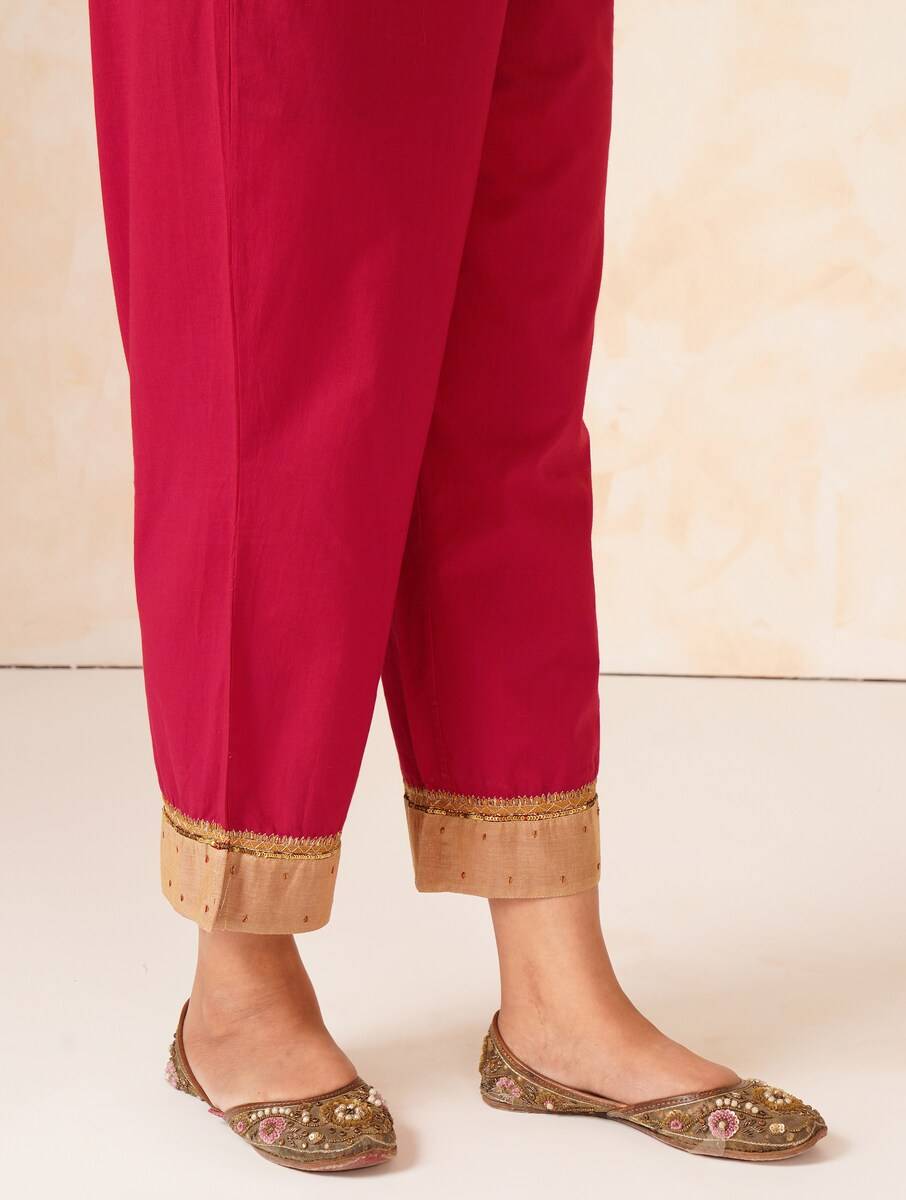 Women Red Cotton Embroidered Ankle Length Regular Fit Pants