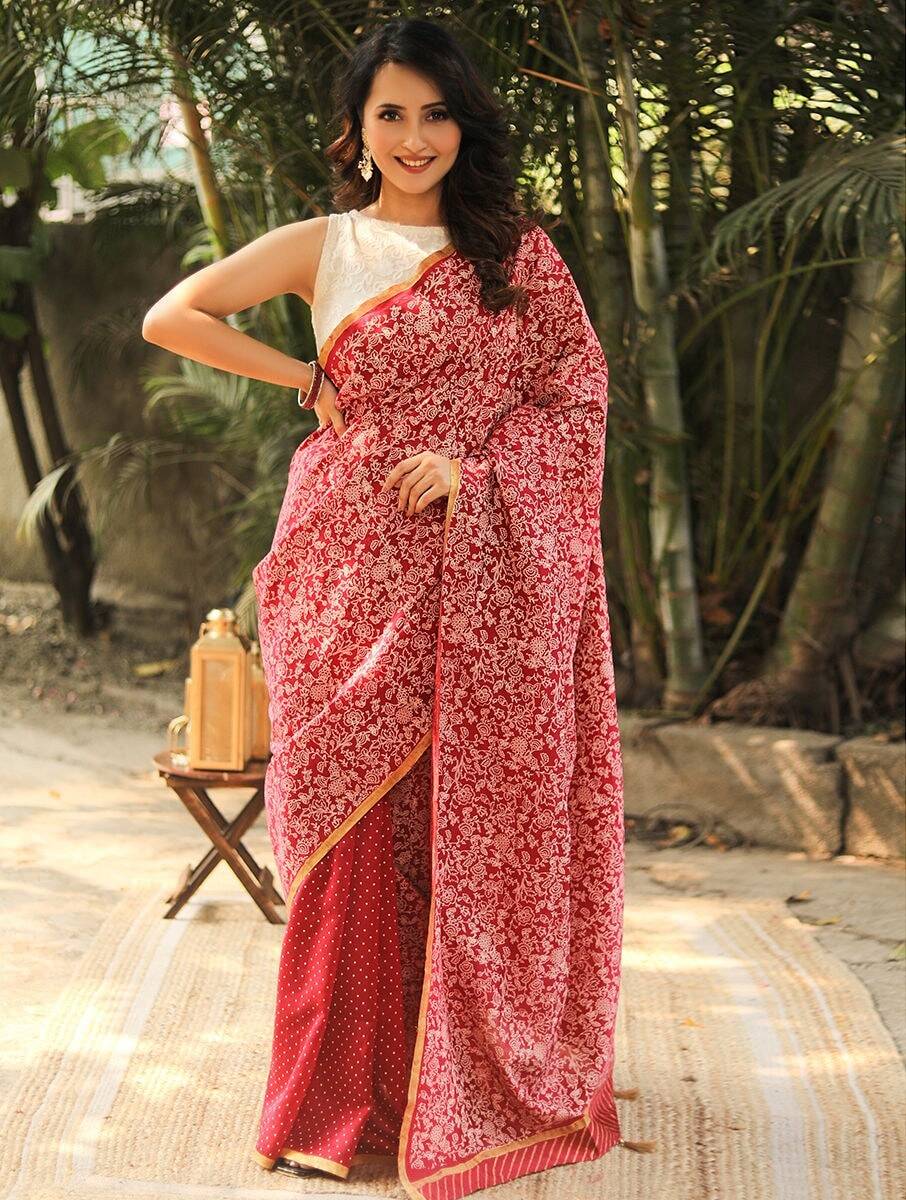 Red Silk Printed Chanderi Saree