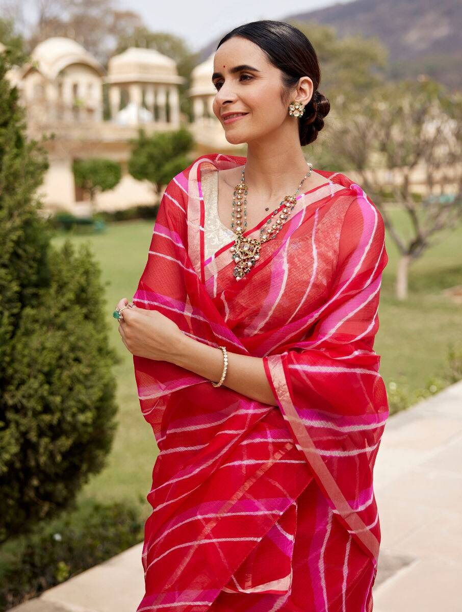 Red Silk Printed Lehriya Saree