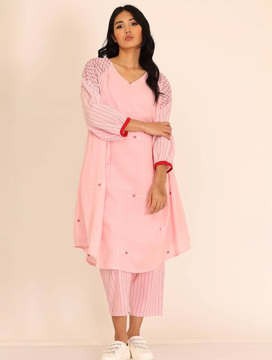 Women Pink Handspun Jamdhani Cotton Jamdani Kurta with Pants