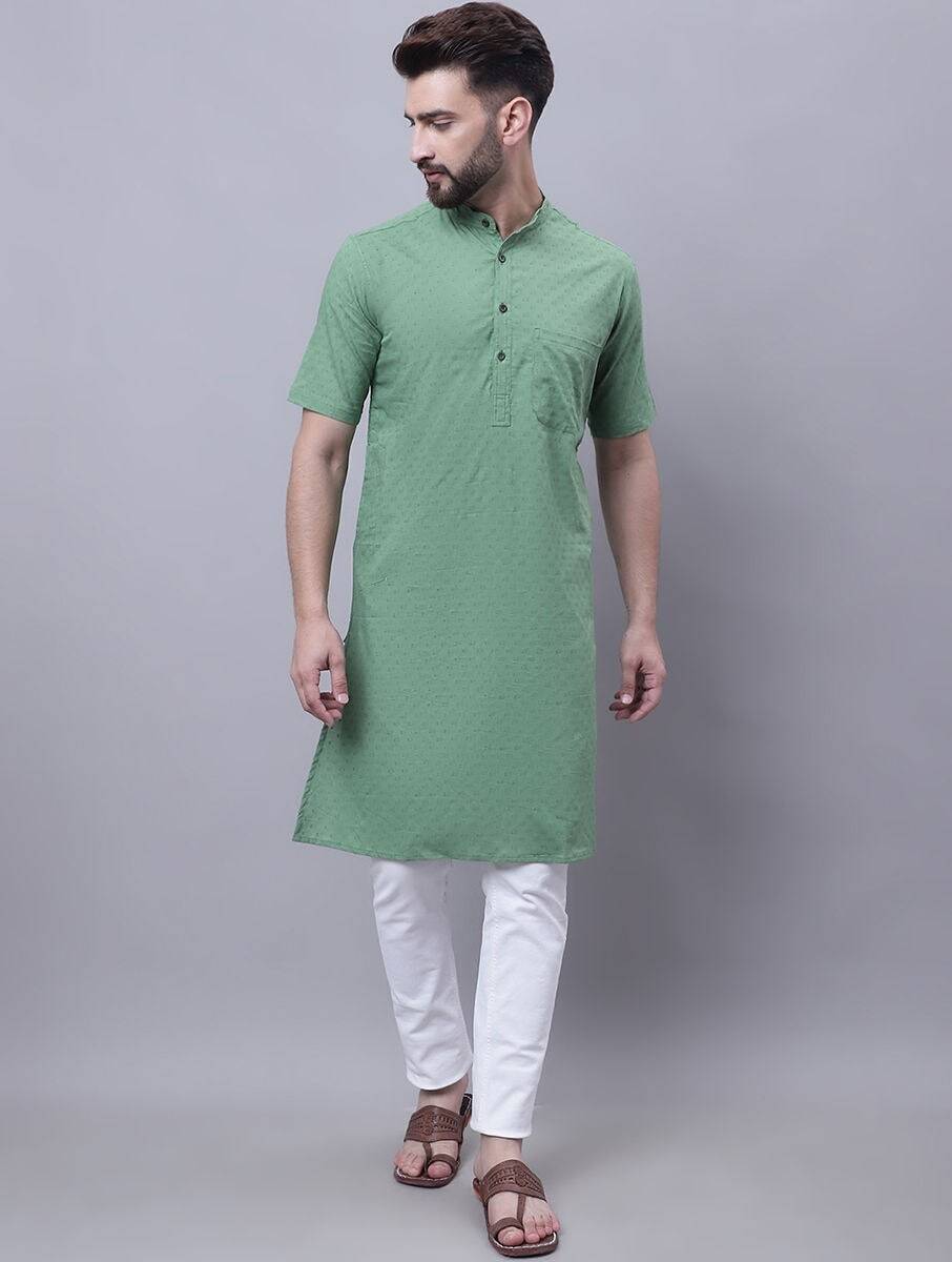 Men Green Cotton Basic Mandarin Collar Regular Fit Kurta