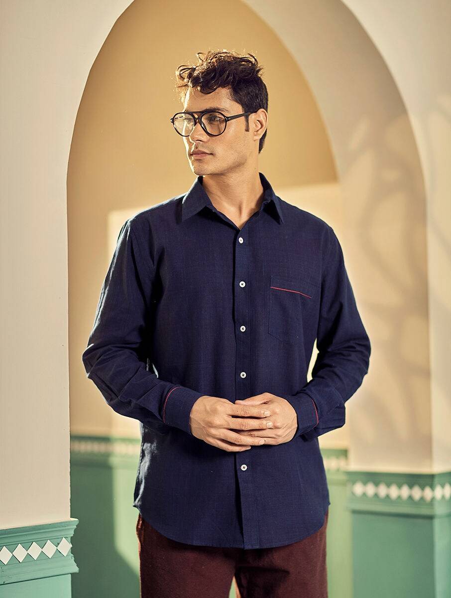 Men Blue Cotton Self Design Hand Woven Shirt Collar Regular Fit Shirts