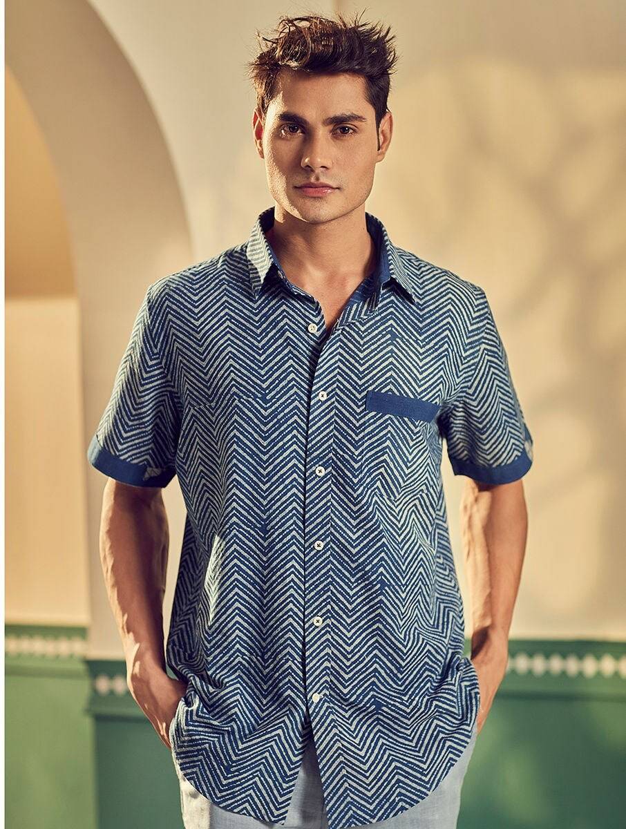 Men Blue Cotton Self Design Hand Woven Shirt Collar Regular Fit Shirts