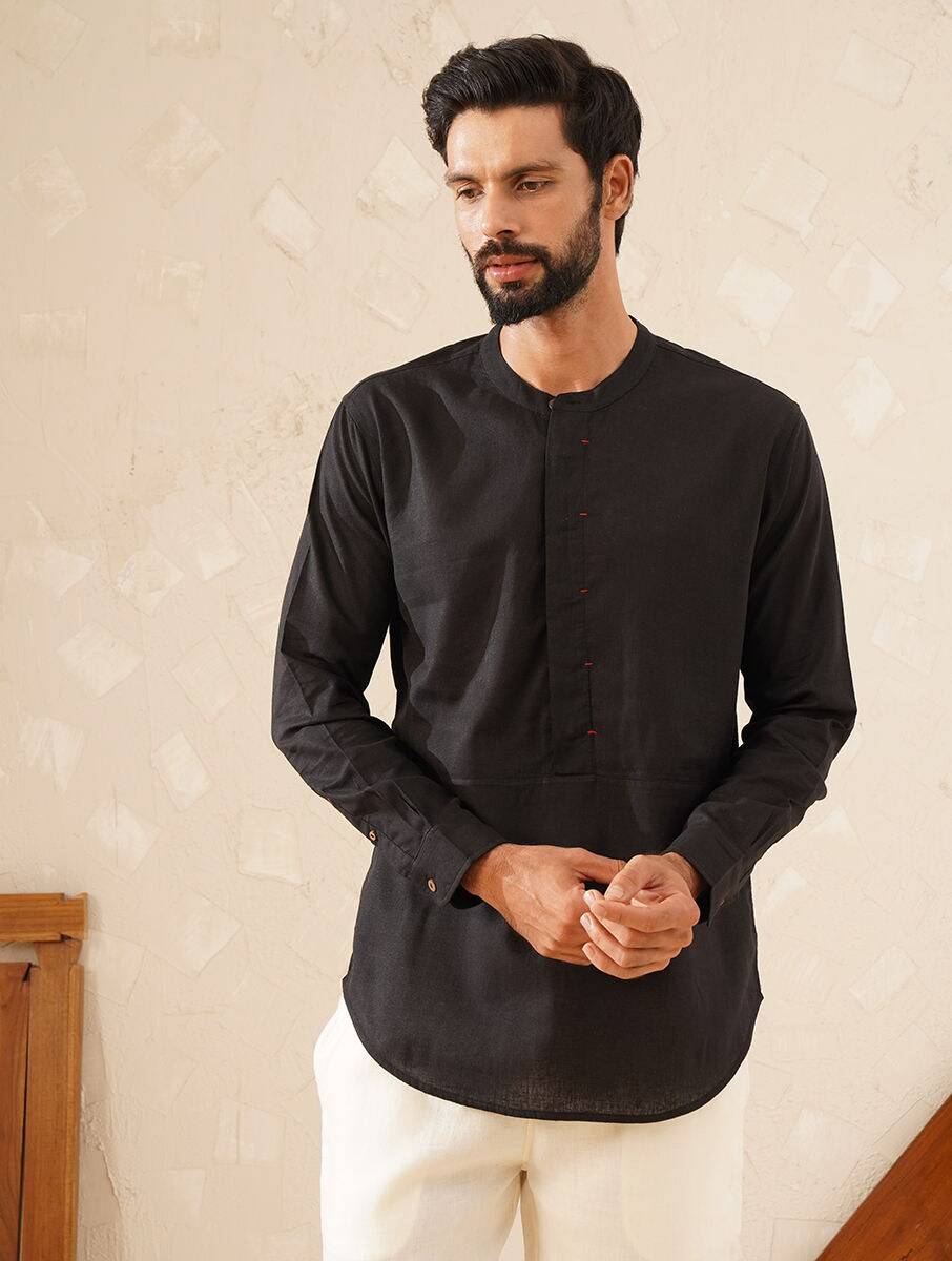 Men Black Cotton Linen Mandarin Collar Regular Fit Kurta