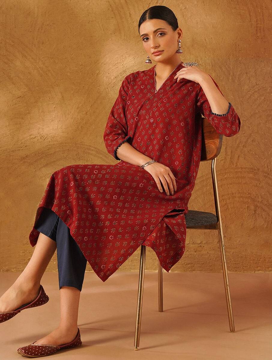 Women Red Cotton Ajrakh V Neck Regular Fit Kurta