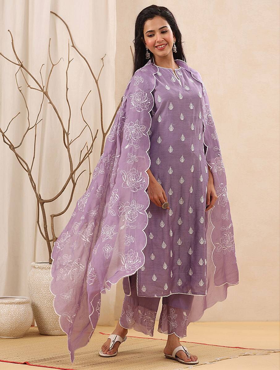 Women Lavender Purple Chanderi, Cotton, Organza Embroidered Kurta , Pant & Dupatta