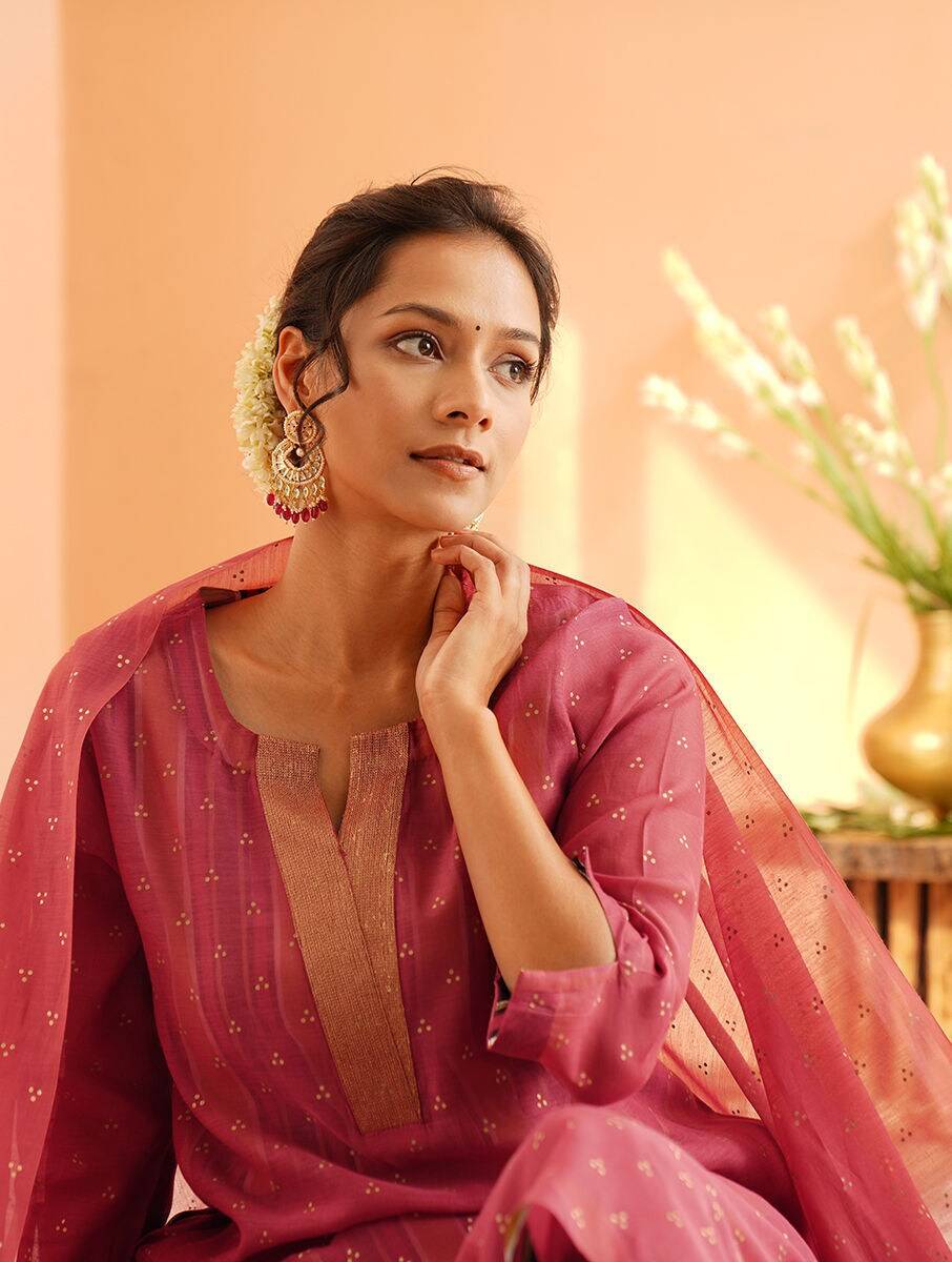 Women Coral Red Silk Cotton Kurta , Slip & Pants
