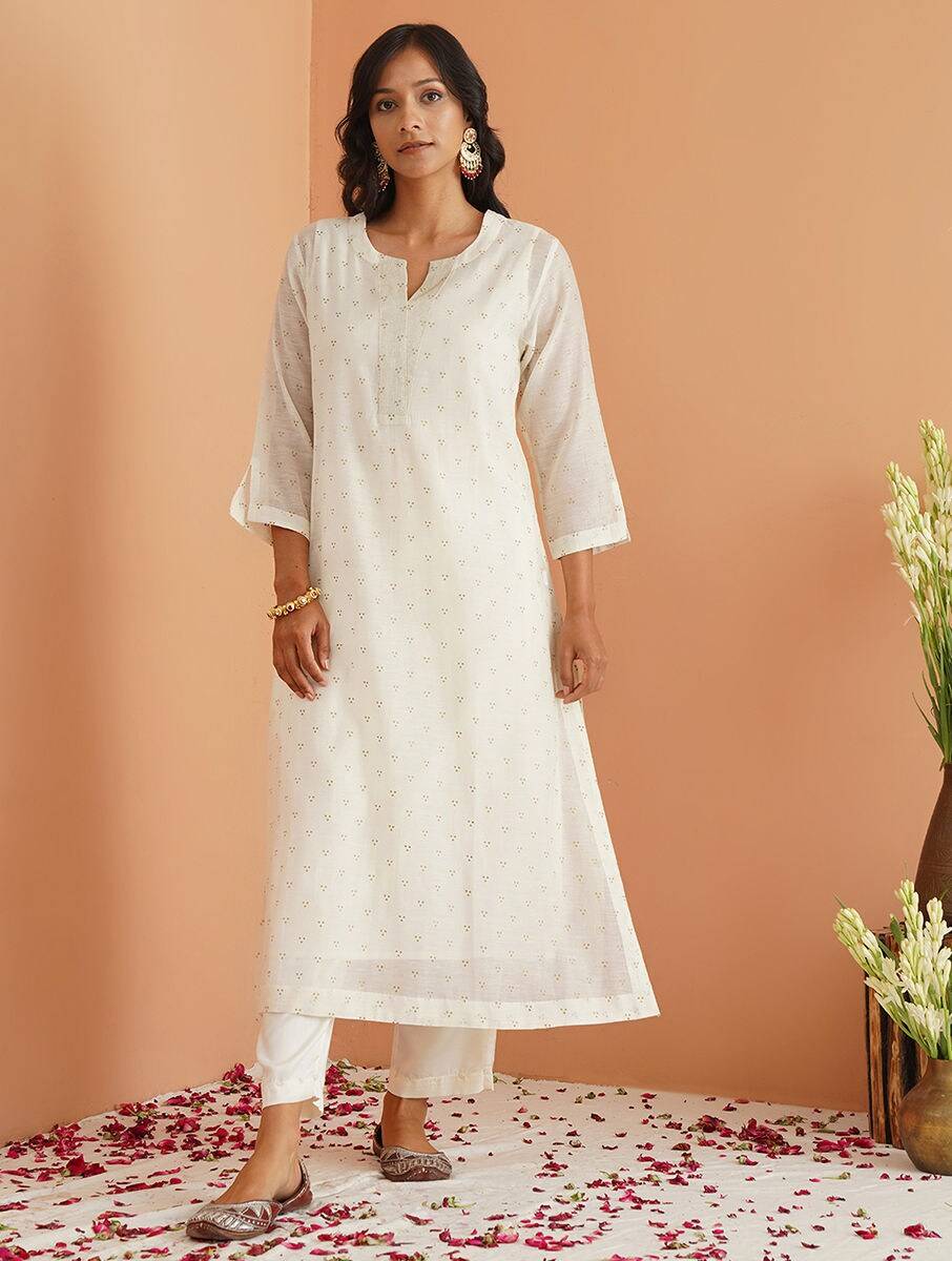 Women Ivory Silk Cotton Kurta , Slip & Pants