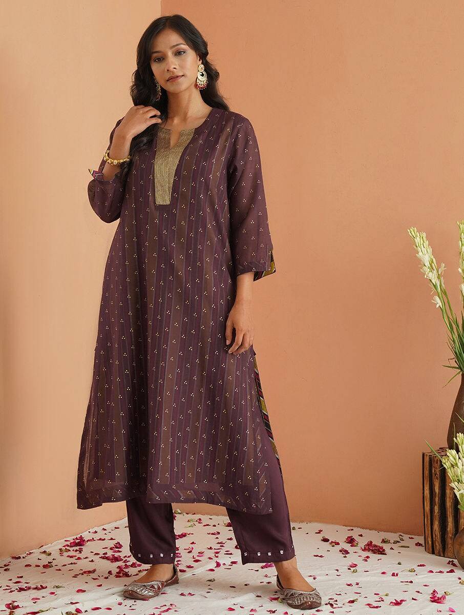 Women Wine Silk Cotton Kurta , Slip & Pants