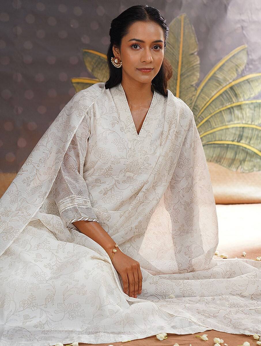 Women Ivory Silk Cotton Kurta , Salwar & Dupatta