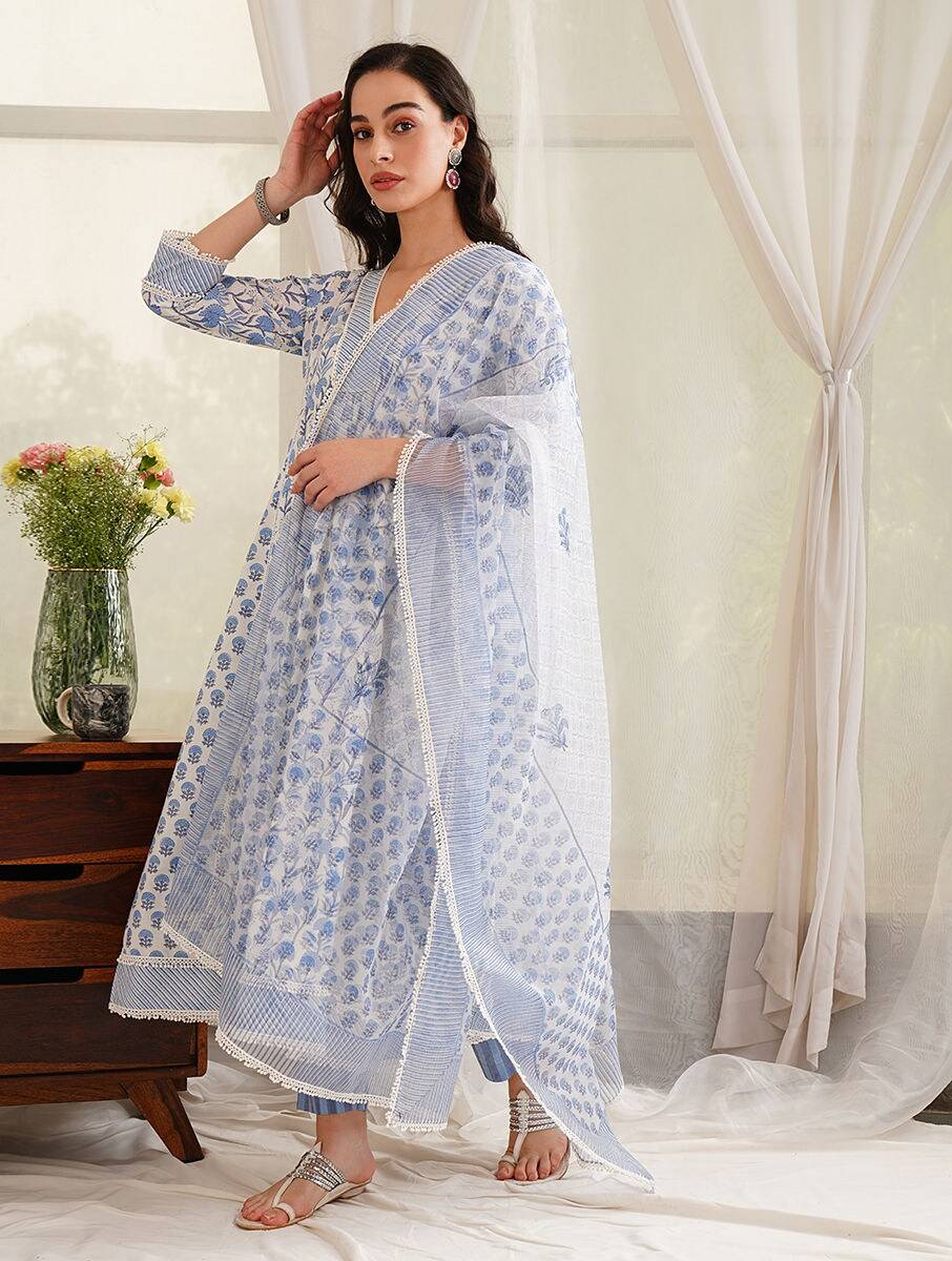 Women Blue Cotton, Organza Block Print Kurta , Pant & Dupatta