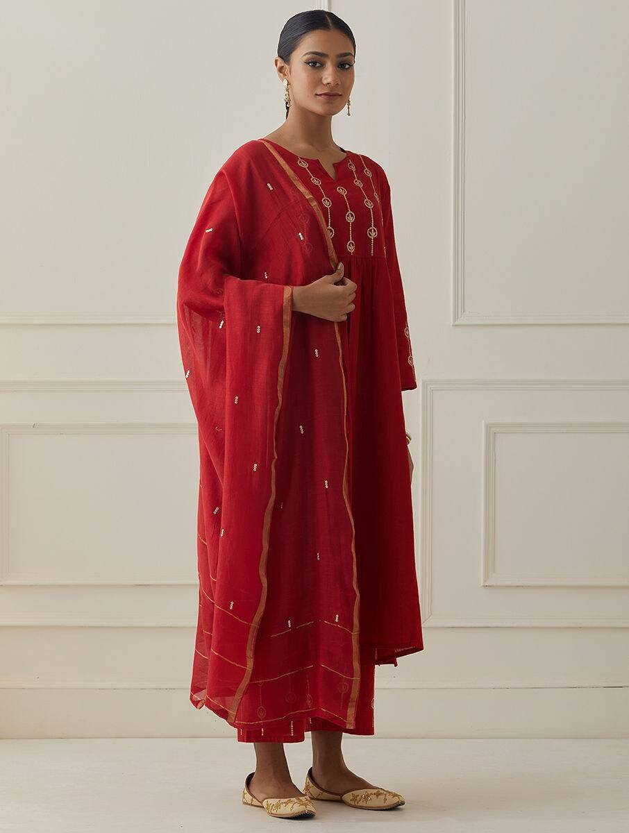 Women Red Cotton, Chanderi Silk Hand Embroidery Kurta , Pant & Dupatta