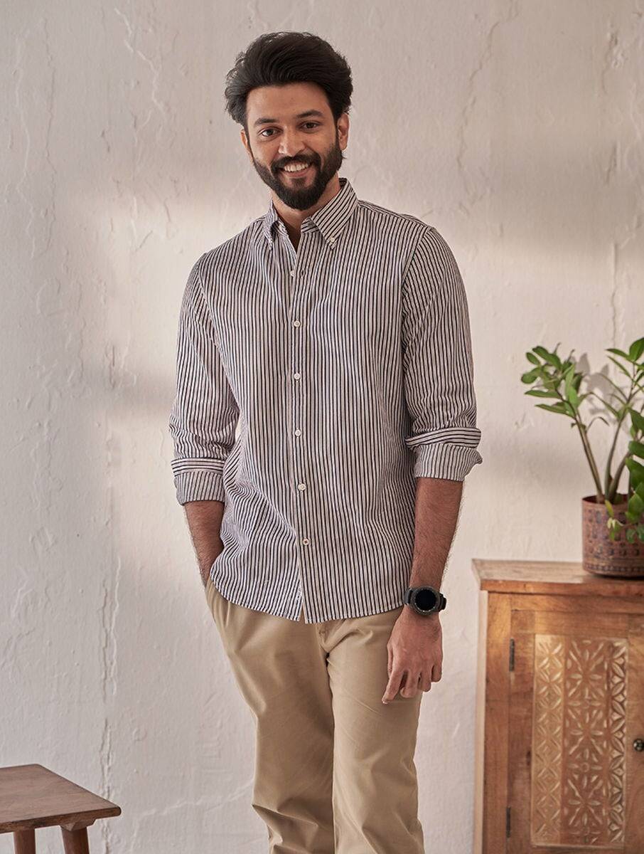Men Red Cotton Striped Shirt Collar Regular Fit Shirts