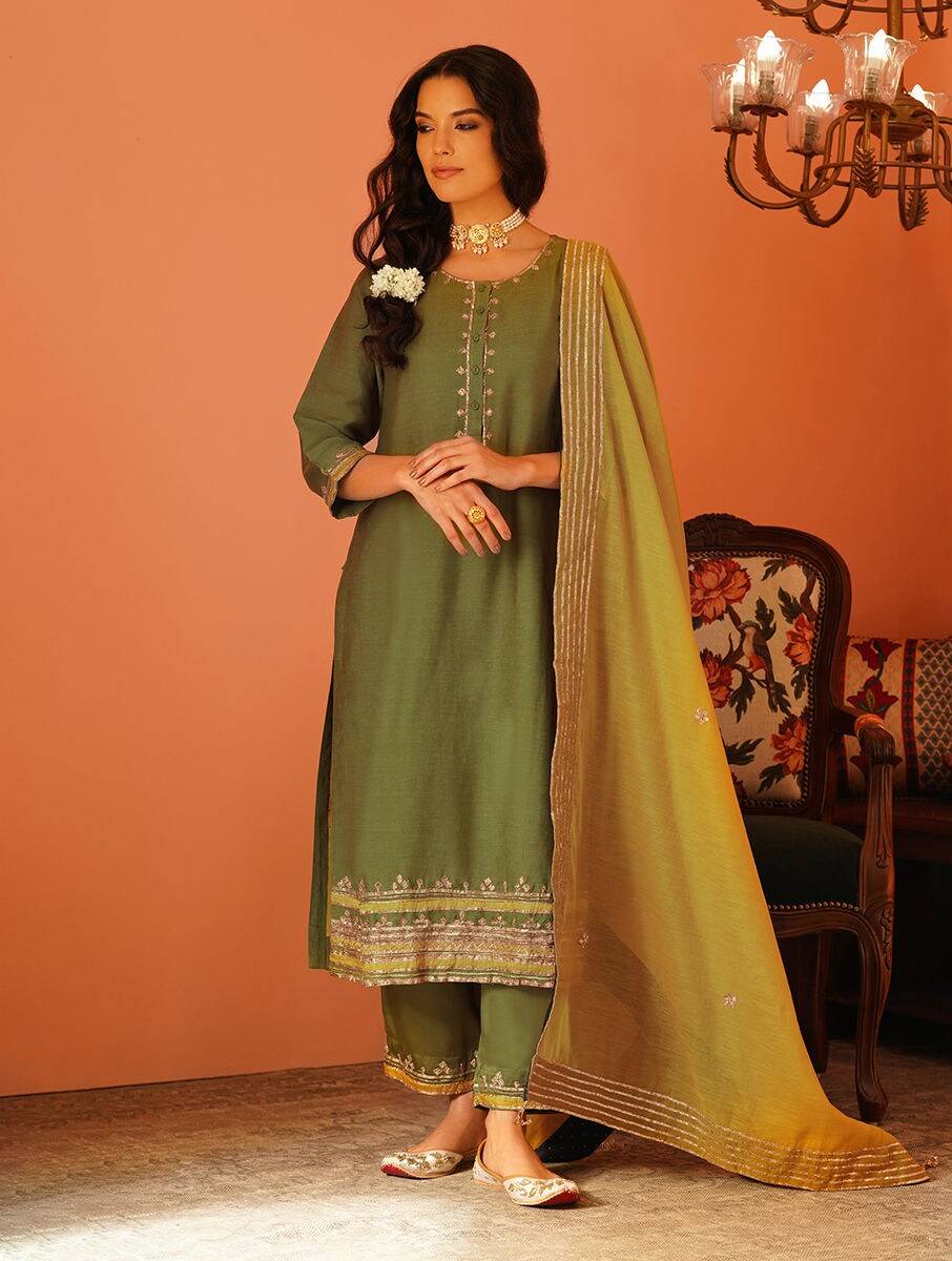 Women Green Bemberg Linen Gota Patti Kurta with Pants