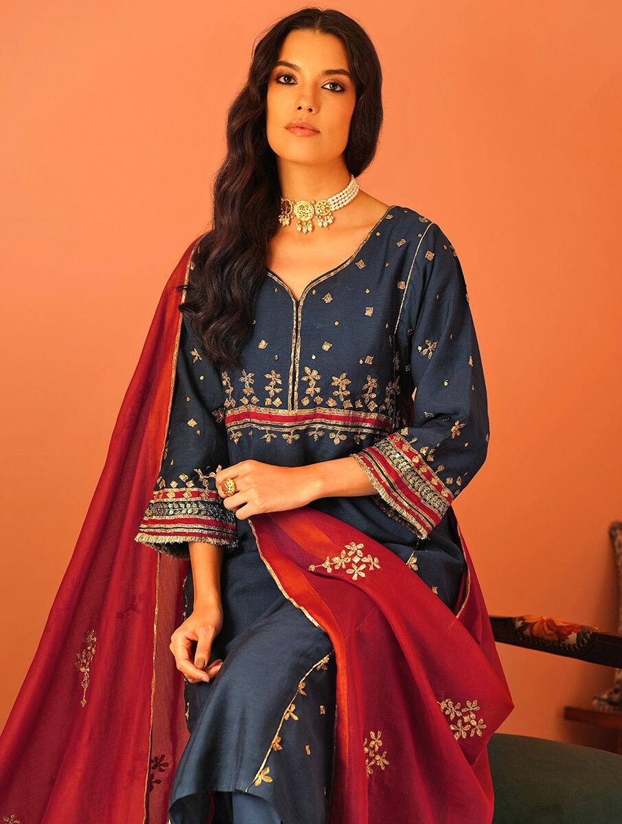Women Navy Bemberg Linen Gota Patti Kurta with Salwar
