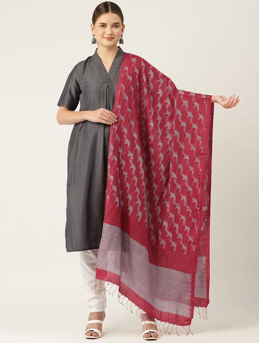 Women Red Silk Printed Handloom Silk Shibori Dupatta