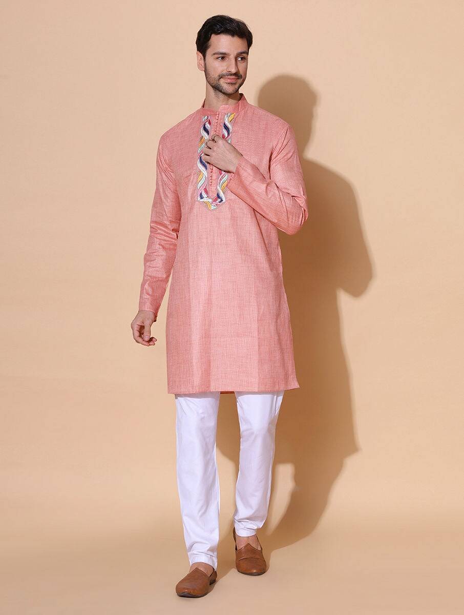 Men Pink Silk Khadi Mandarin Collar Regular Fit Kurta