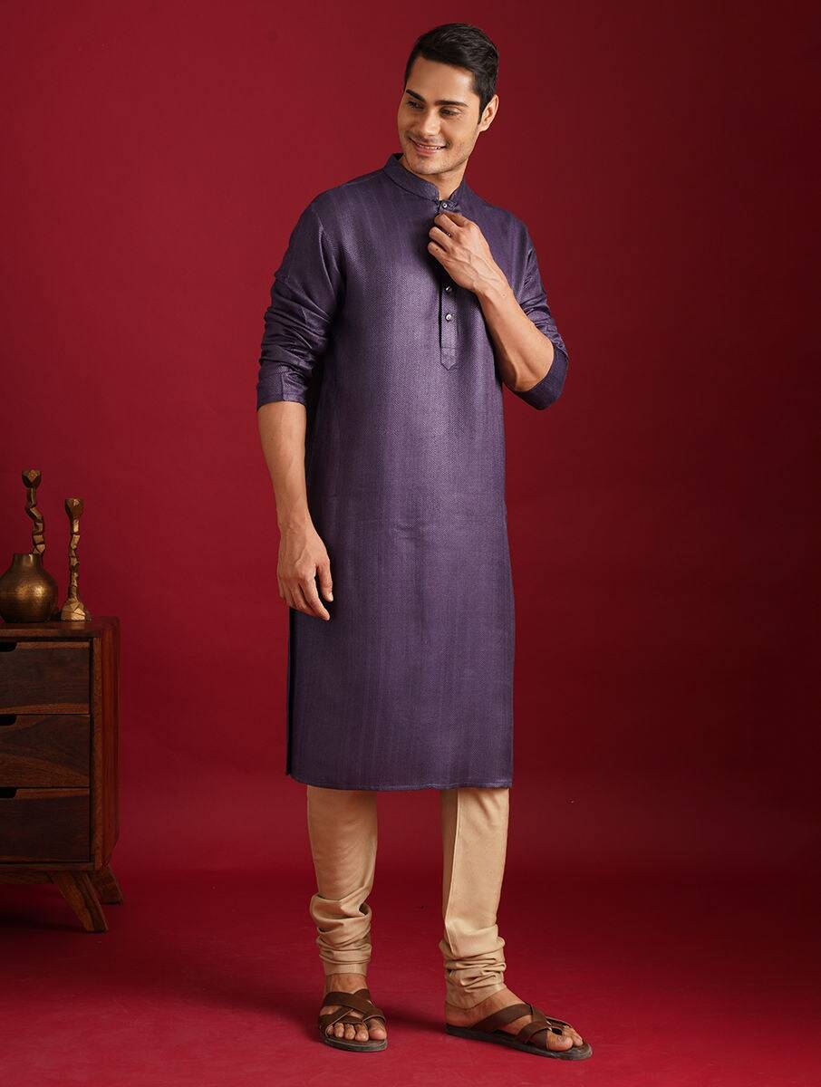 Men Navy Cotton Silk Mandarin Collar Straight Kurta with Pants