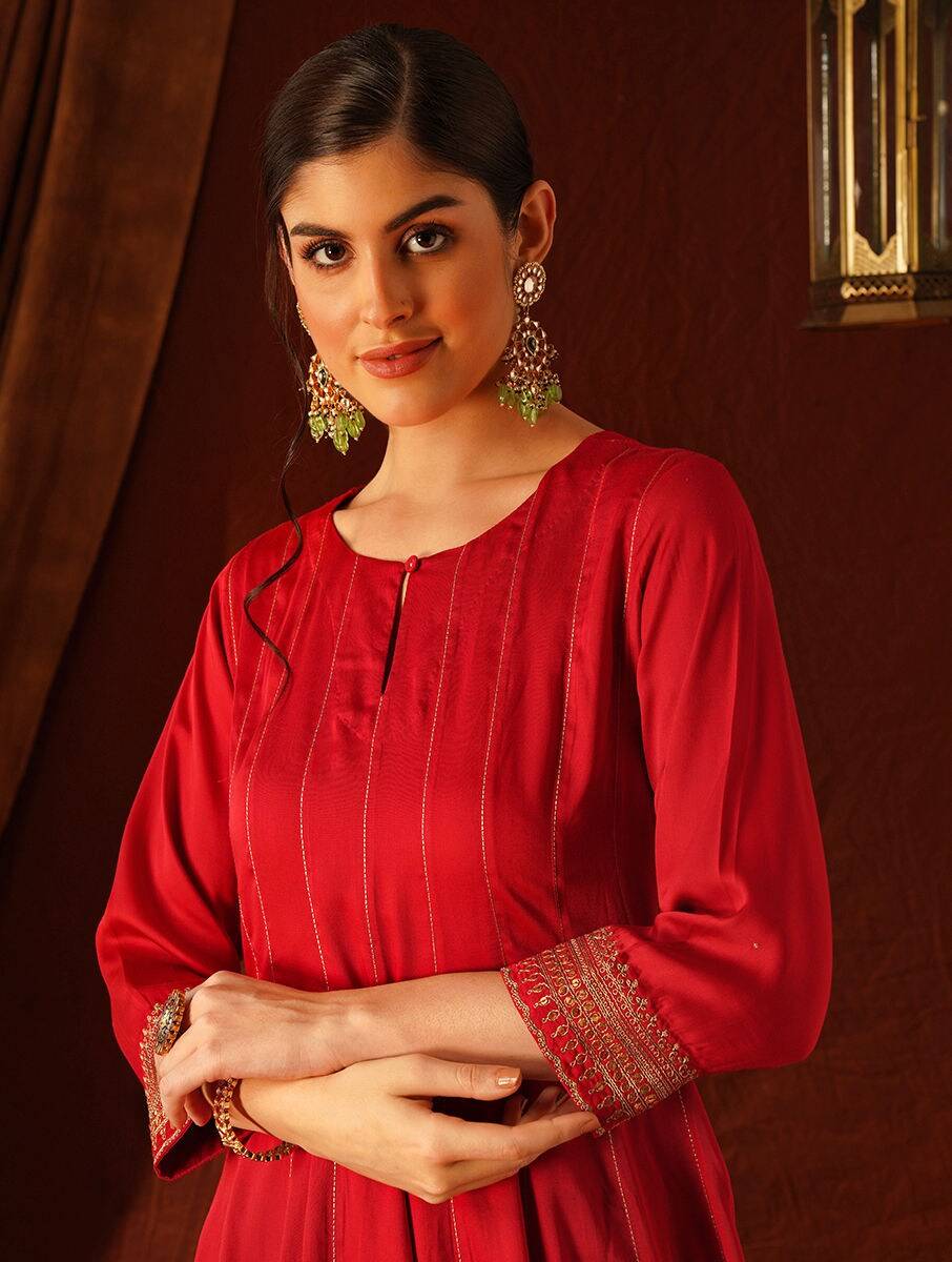 Women Red Modal Embroidered Kurta with Churidar