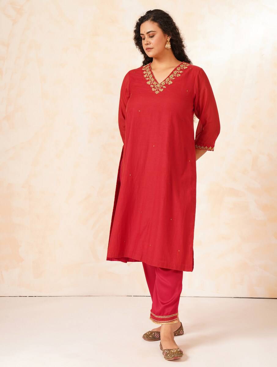 Women Red Silk Cotton Embroidered Kurta with Pants