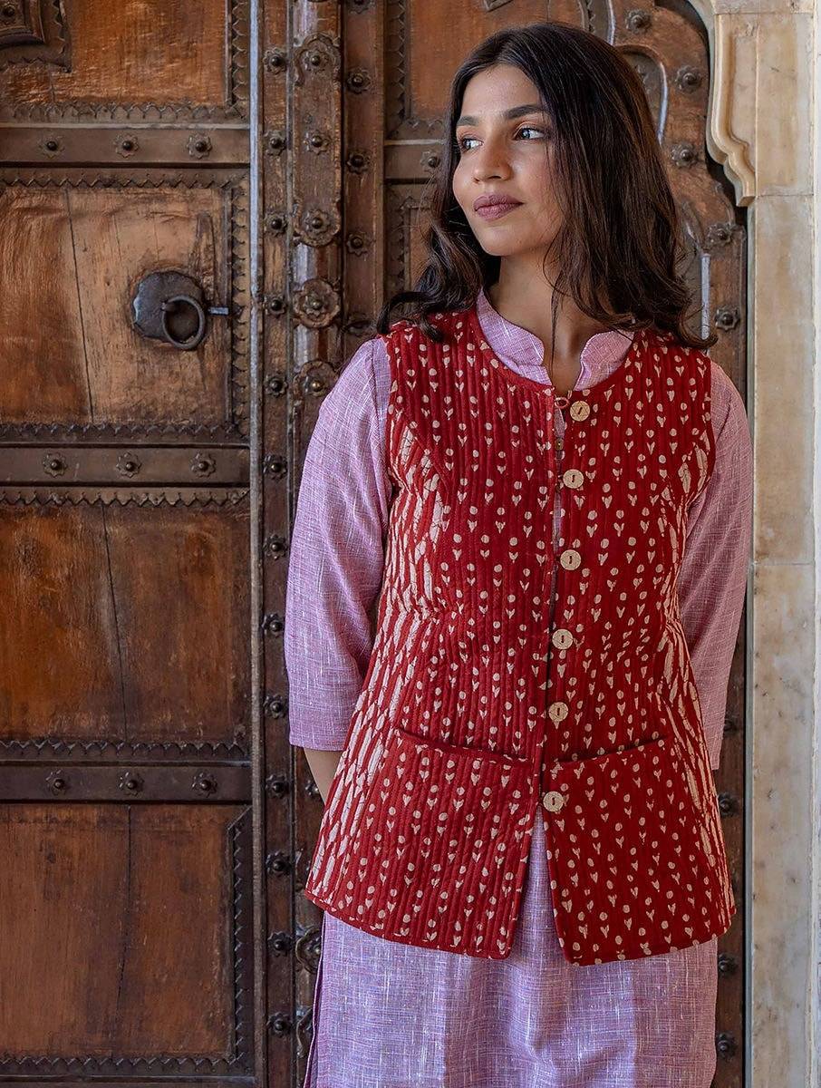 Women Red Cotton Blockprint Round Neck Regular Fit Jacket