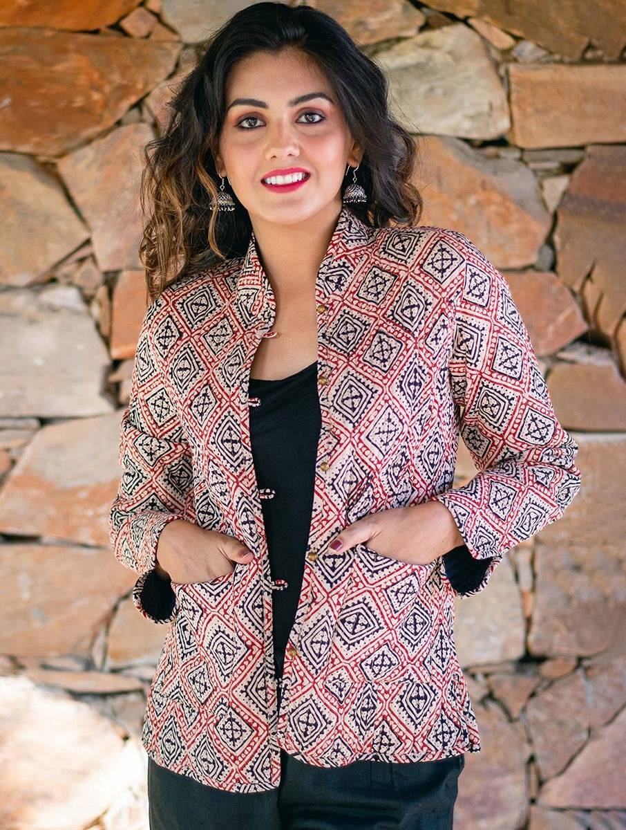 Women Red Cotton Blockprint Mandarin Collar Regular Fit Jacket