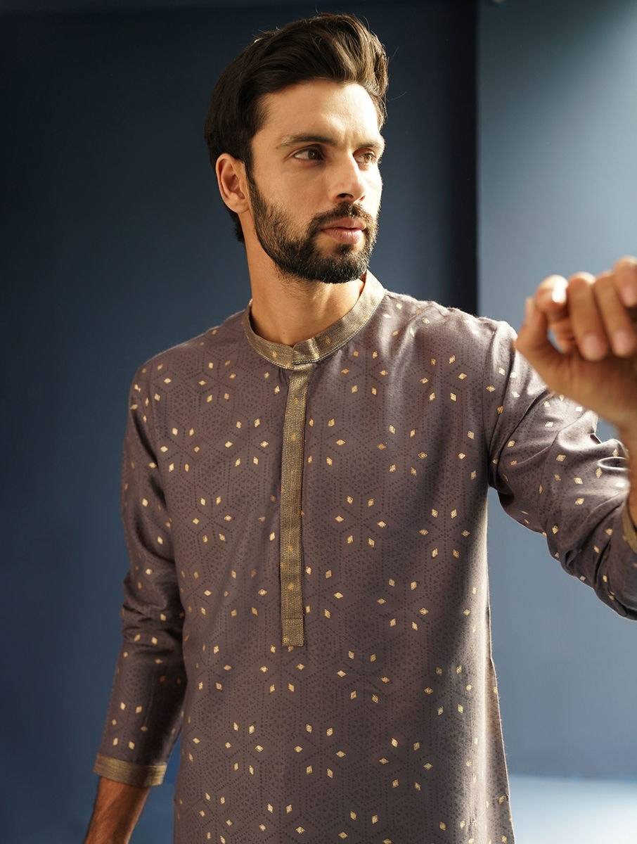 Men Charcoal Black Silk Viscose Block Print Round Neck Regular Fit Kurta