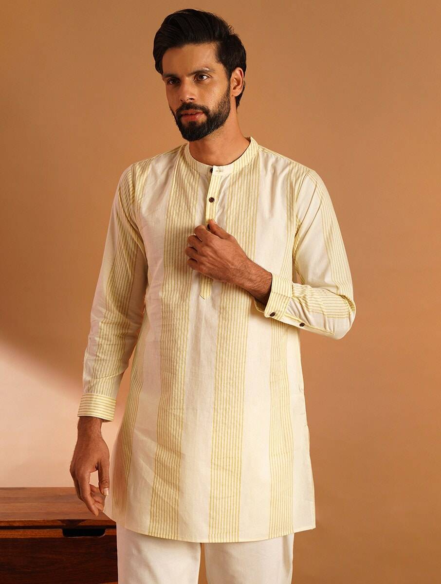 Men Ivory Cotton Block Print Round Neck Regular Fit Kurta