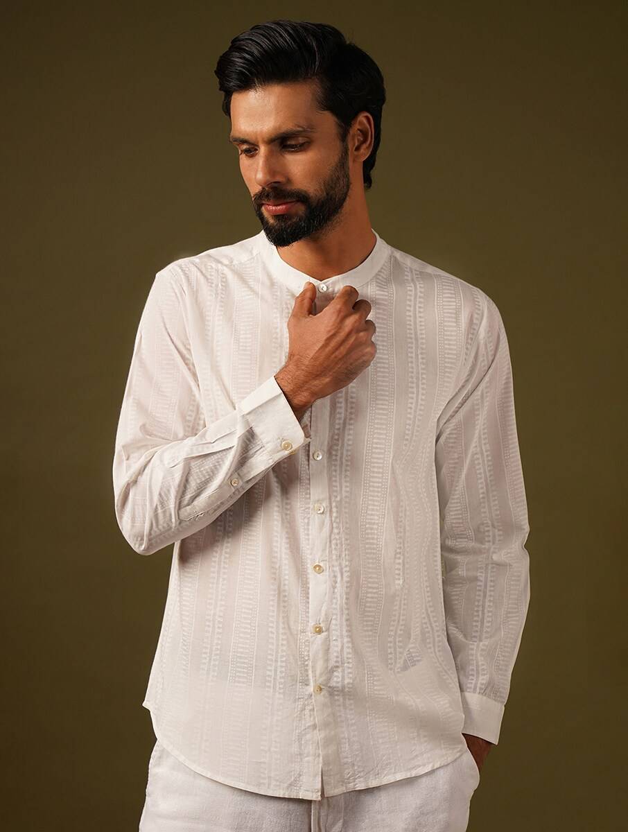 Men White Cotton Printed Block Print Mandarin Collar Regular Fit Shirts