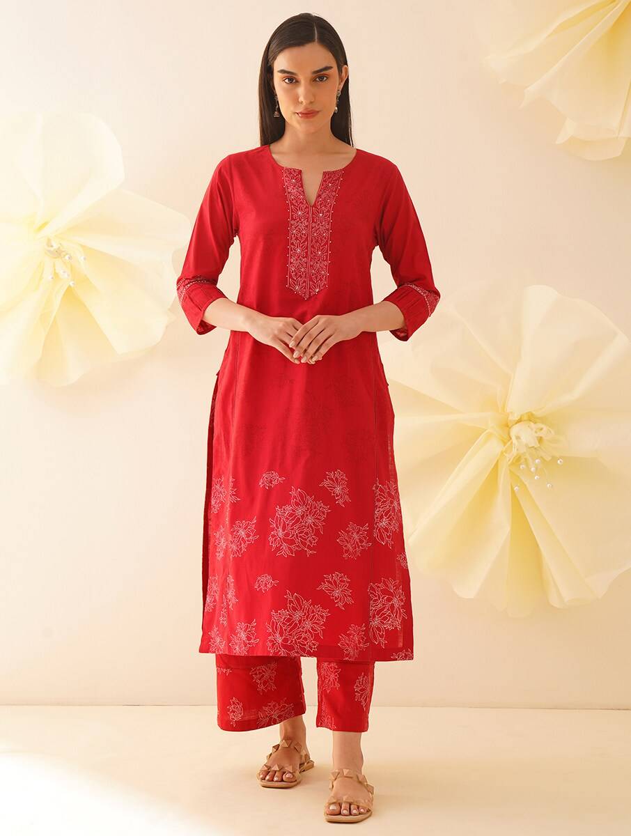 Women Red Cotton Block Print Round Neck Straight Fit Kurta