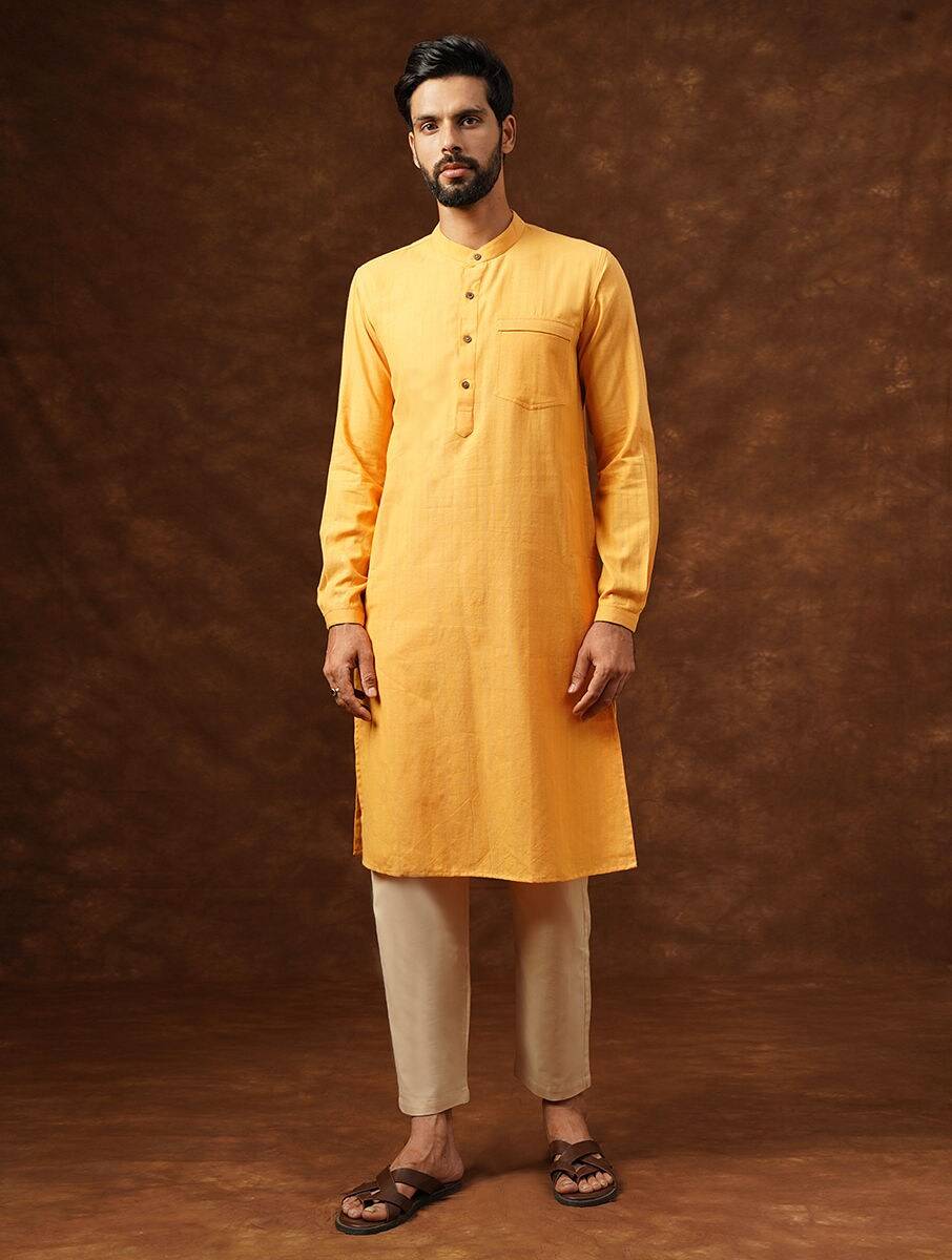 Men Yellow Cotton Regular Fit Kurta